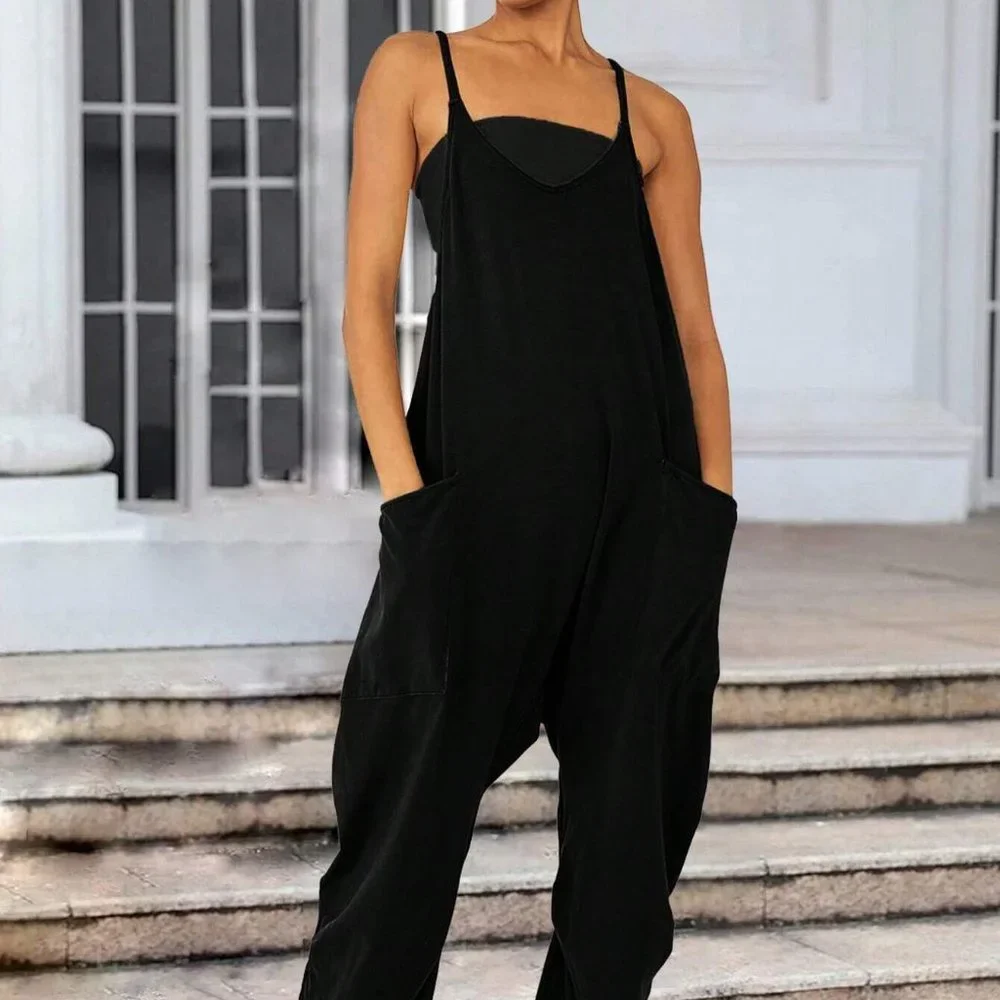 Black Boho Womens Dual Pocket Drop Crotch Hem Cami Jumpsuit - Picture 1 of 4